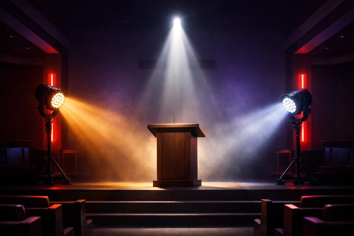 Three-point lighting setup with key, fill, and back lights illuminating church stage